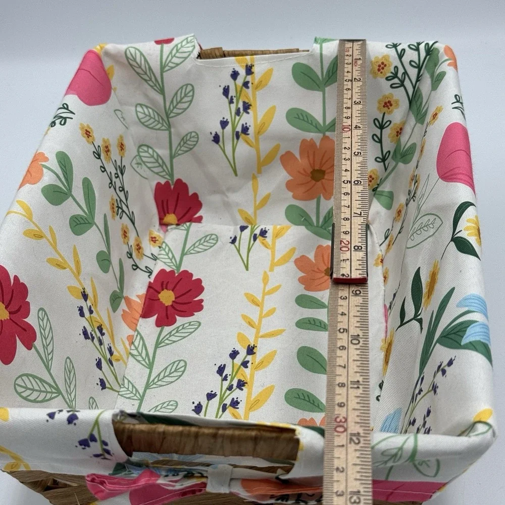 Wicker Storage Basket w/ Handles, Floral Fabric Liner, Rectangular 12x8x5 in